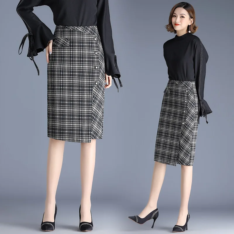 

Женская юбка с завышенной талией, Повседневная Длинная трапециевидная юбка в клетку, с разрезом на бедрах, лето 2022