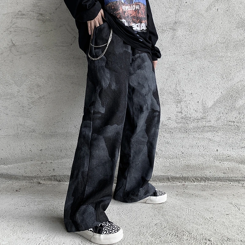 

Diablo Funeral Hip-hop High Street Washed and Old Loose Straight Tie-dye Gradient Denim Trousers for Men and Women