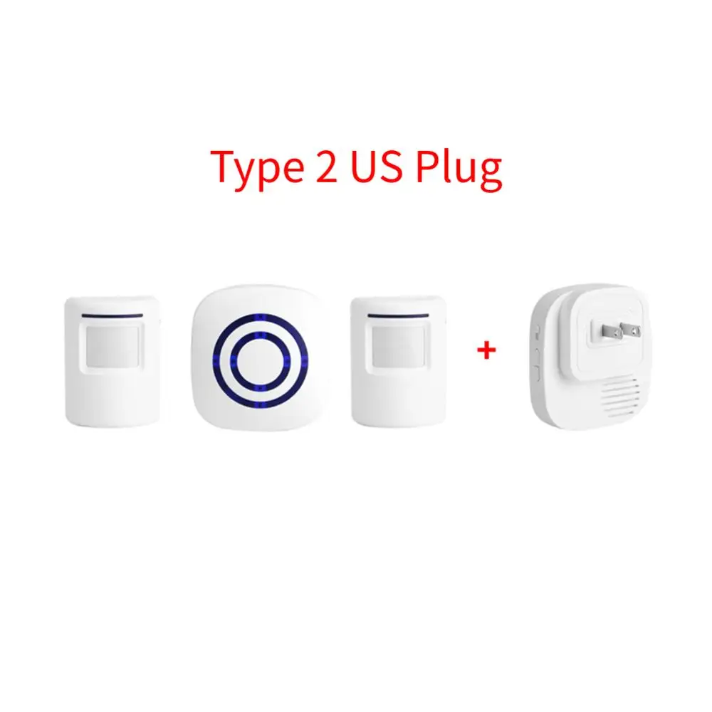 Type 2 US Plug 38 музыкальных мелодий Инфракрасный Датчик Детектор движения вход беспроводной дверной звонок Водонепроницаемый передатчик+ приемник домашний умный дверной звонок Сигнализация - Цвет: Type 2 US Plug
