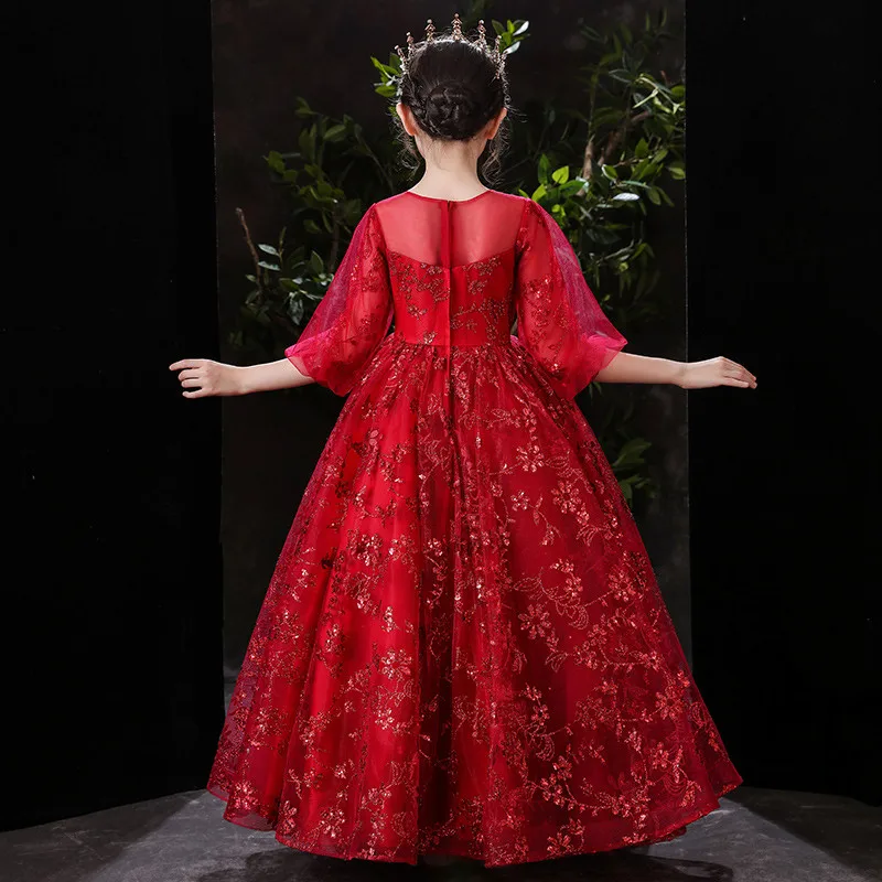 

High Grade Children Girls Luxury Red Sequined Birthday Wedding Party Princess Dress Kids Teens Pino Host Costumes Dress Clothes