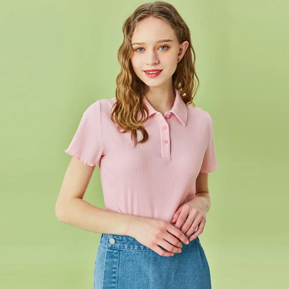 Giordano Женская полосатая ткань с боковыми разрезами на подоле Поло рубашка стрейч