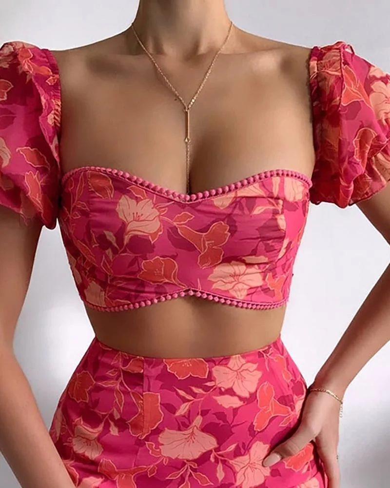 

2021 Summer Women Casual Ruffles Floral Print Layered Skirt 2 Pieces Set