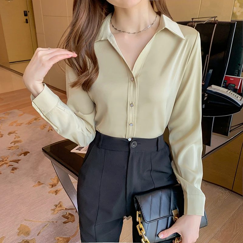 

Autumn New Women's Blouse Polo Long Sleeve Shirt Solid Color Chiffon Top Casual Fashion Loose Clothing Houthion