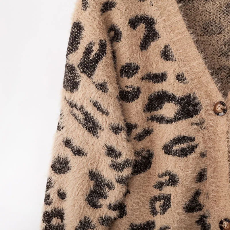 

Womens Long Sleeves V Neck Button Up Knitted Cute Leopard Cardigan Winter Autumn Sweater Coat -MX8