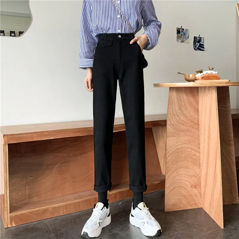 

High Waist Slimming Straight Pants Women's Autumn and Winter New 2020 Fleece-Lined Distressed Harem Pants Korean Style