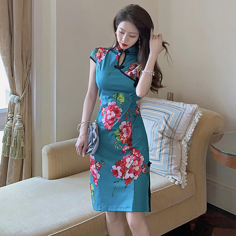 Женское платье Ципао с цветочным принтом в стиле ретро китайском сексуальное