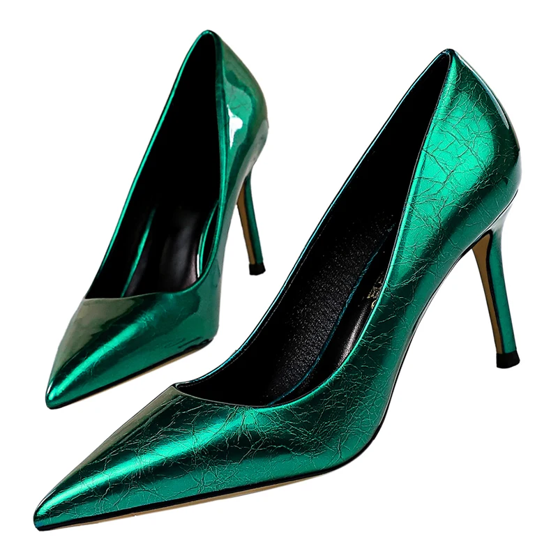 Женские туфли лодочки на высоком каблуке 8 см желтые зеленые синие с острым