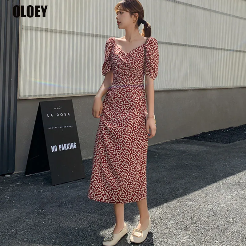 

Women Sexy V-Neck Puff Sleeve Boho Chiffon Dress French Vintage Floral Print Long Dress 2021 Summer Fairy Dress Femme Robe Dress
