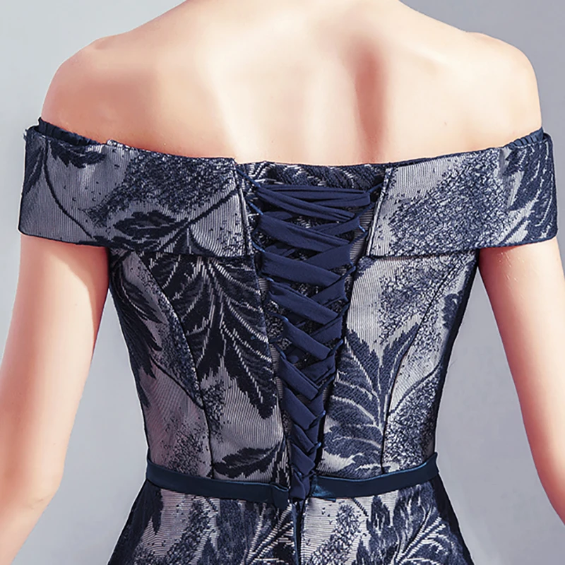 

Evening Dresses Illusion Off The Shoulder Short Luxury Dark Blue Lace Tulle Floor-Length Embroidery A-Line Bow Formal Gown TS517