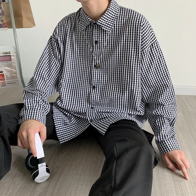 

Plaid Shirts Men Long Sleeve Turn-down Collar Ins Vintage Casual Buttons Shirt XXL Loose Harajuku Teens Spring Fall Outwear Chic