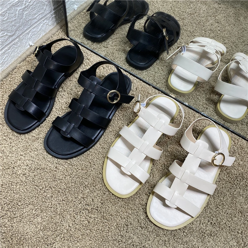 Женские сандалии с круглым носком DEAT черные повседневные из искусственной кожи