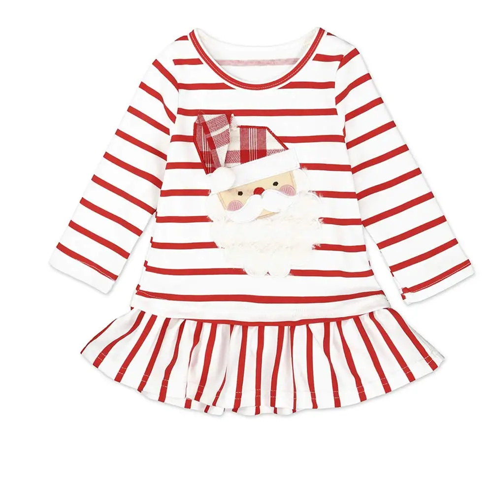 Girl Long Sleeve Christmas Dress Little Toddler Kids Cotton Cartoon Ruffle Striped Santa Claus Xmas Dresses