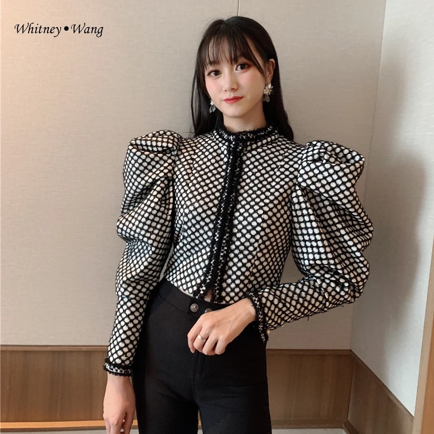WHITNEY WANG 2020 Весенняя мода уличная винтажная стильная куртка в горошек с пышными