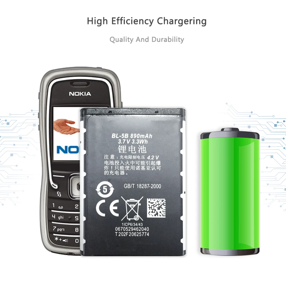 Mobile Phone Battery For Nokia 3230 5070 5140 5140i 5200 5300 5500 6020 6021 6060 BL 5B BL5B BL-5B 890mAh