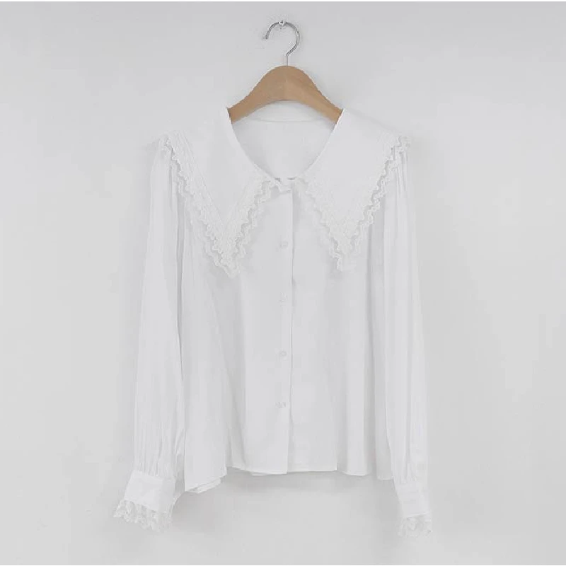 Женская шифоновая блузка с длинным рукавом и кружевом белая или розовая|Рубашки|