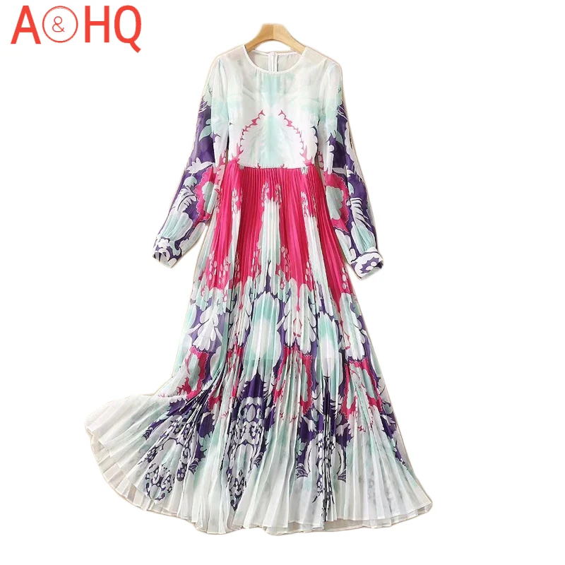 

Long Dress Runway Designer Spring New Party High Quality Fashion Elegant Round Neck Long Sleeve Printed Pleated Dresses