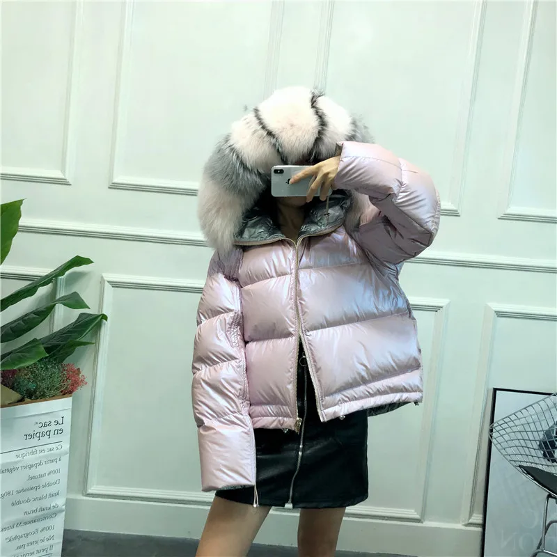 Женский пуховик на белом утином пуху свободная короткая двухсторонняя куртка с