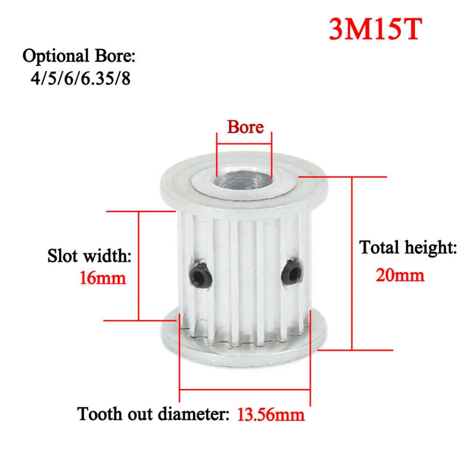 

1PC HTD 3M 15T Timing Pulley 4/5/6/6.35/8mm Bore 15Teeth 3M-15T 16mm Width Toothed Belt Pulley Gear Pulley
