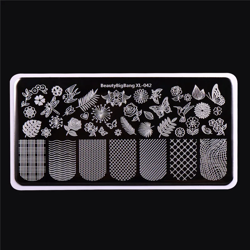 BeautyBigBang 6*12cm Nail Stamping Plates Square Flower Butterfly Grid Image Stamping For Nails Template Nail Art BBB XL-042