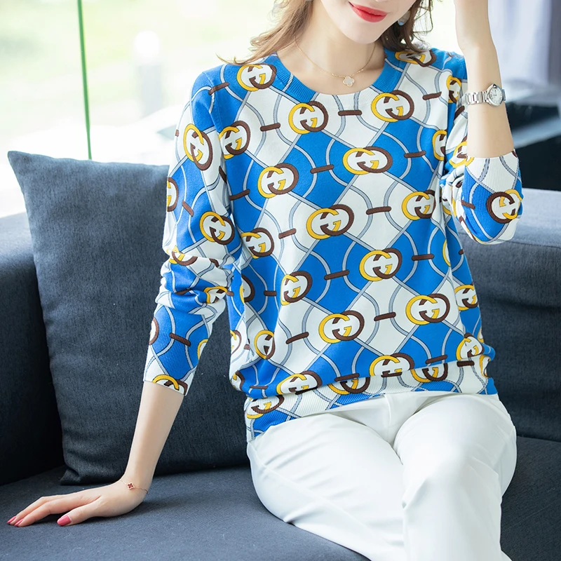 Luxury Designer Brand Runway Sweater Women Elegant Long-sleeve Loose Printed Knitted Pullovers Soft Tops Feminino New | Женская одежда