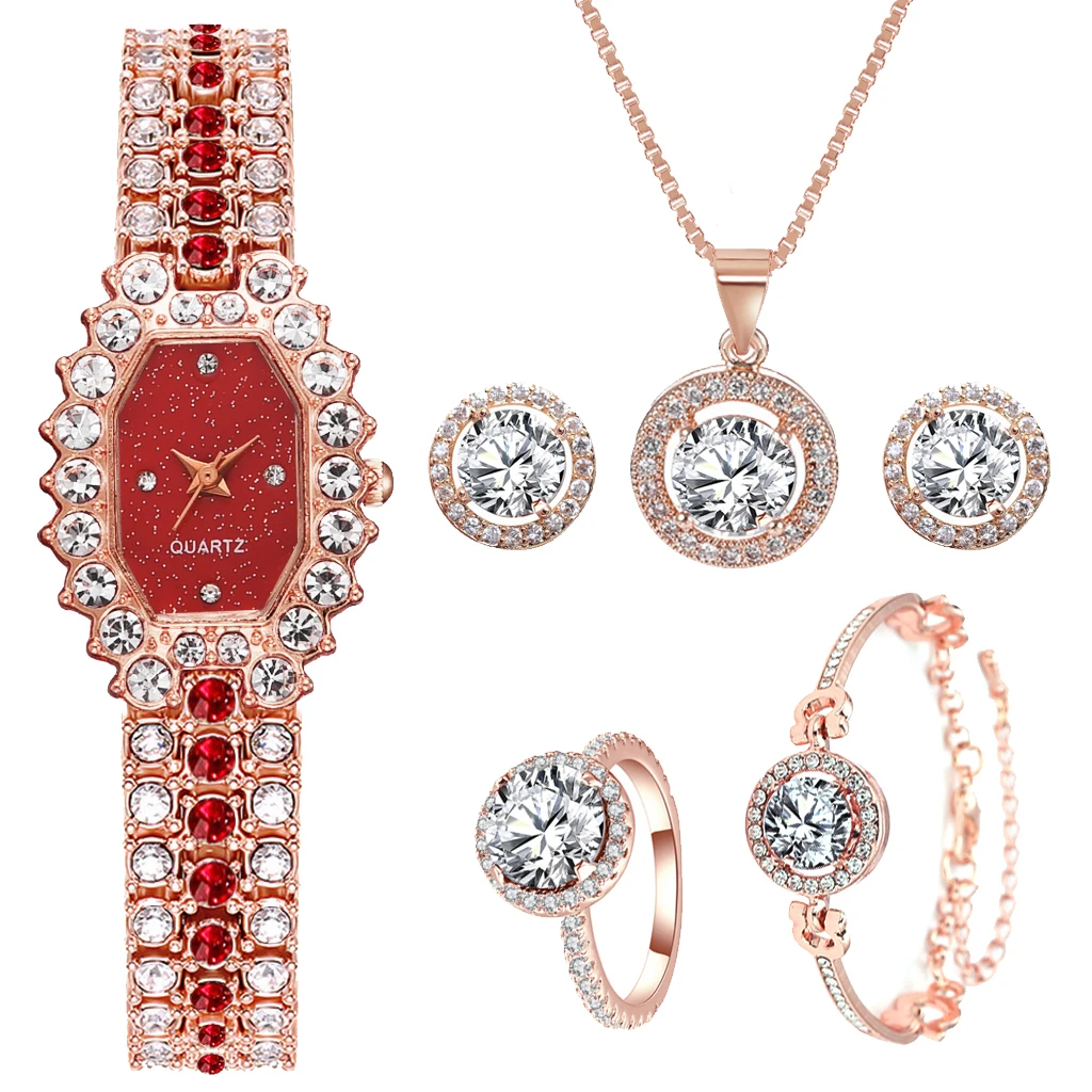 Роскошные женские часы 6 шт. в комплекте браслет ожерелье серьги кольца