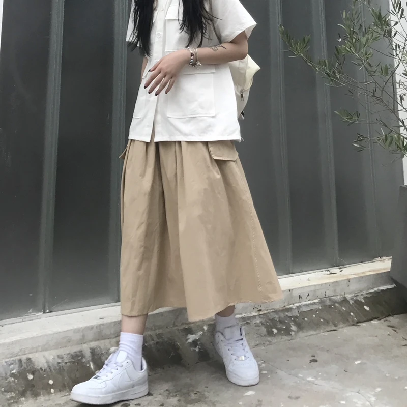 

Japanese Style Teenage Girls Long Skirts for Women Fashion Trends Casual Cargo Clothing Students Solid Color Harajuku Streetwear