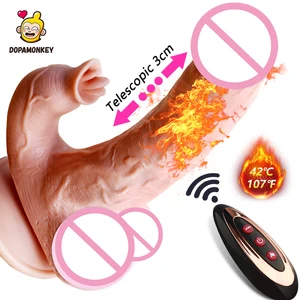 Фаллоимитатор-вибратор для женщин с дистанционным управлением, телескопический фаллоимитатор с подогревом, стимуляция языка и клитора, массаж вагины, пенис