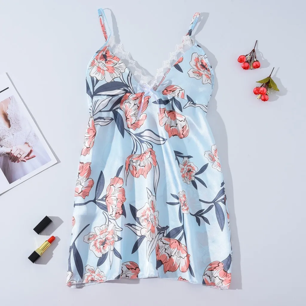 Новинка Женская кружевная ночная рубашка атласный цветочный принт V-образный