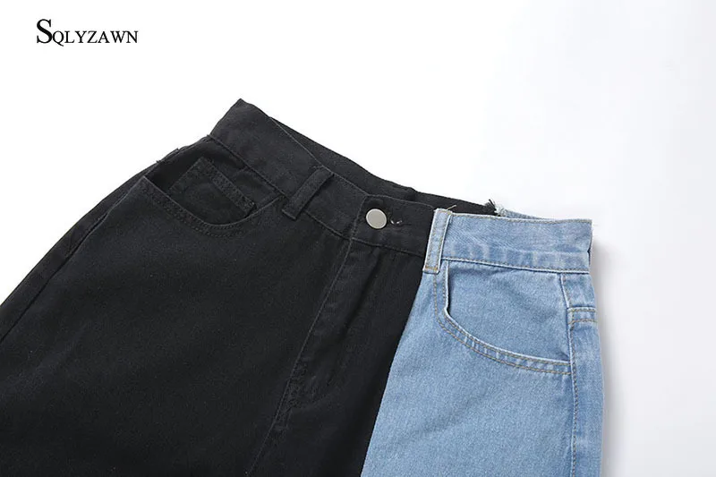 

Color Block Patchwork Baggy Boyfriend Jeans Streetwear Bell Bottoms Woman Trouser Denim Wide Leg Pants with Button Korean Style