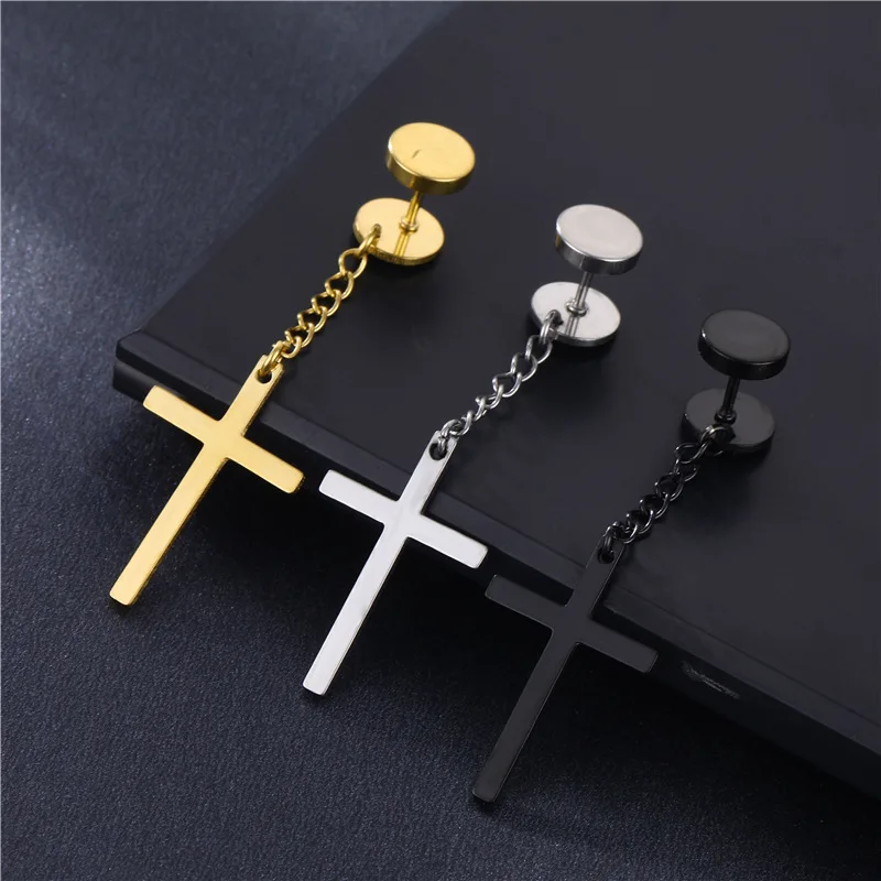 

1pc Unisex Fashion Hot Sold Punk Religious Cross Dangle Ear Plugs Titanium Steel Black Gold Long Earrings Men Women