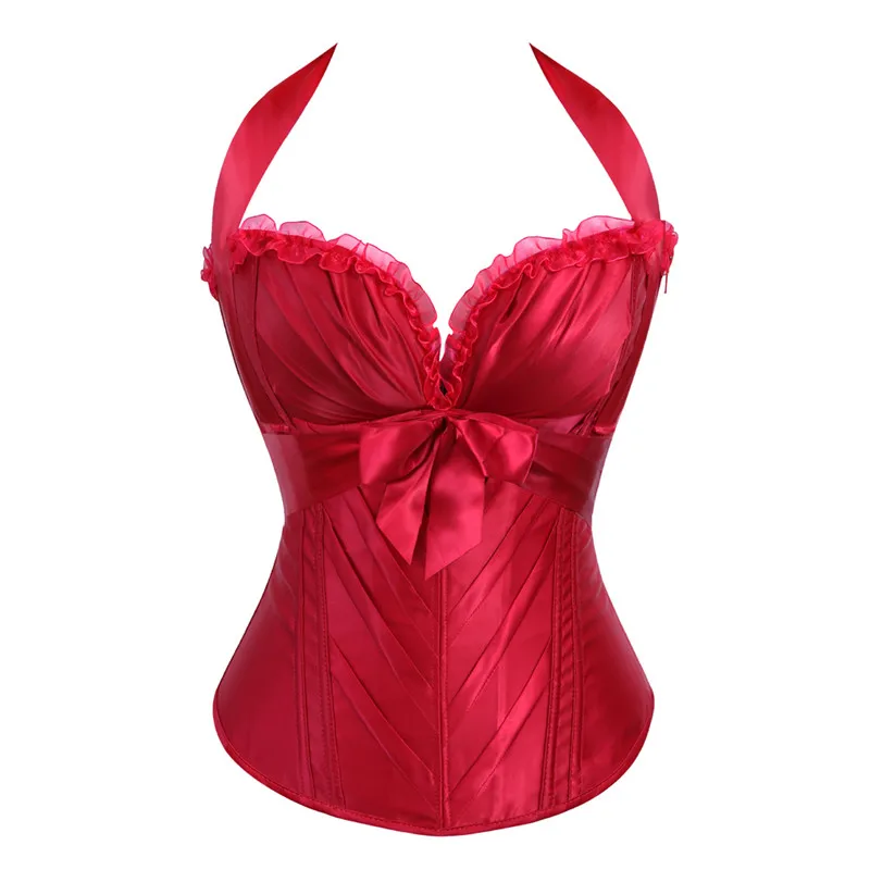 

Sexy Lace up Satin Corset With Cup Lingerie Zipper Side Overbust Corsets and Bustiers Party Bow Halter Corset Plus Size S-2XL