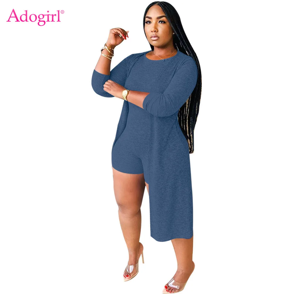 Женский костюм двойка Adogirl однотонный ребристый комбинезон с круглым вырезом и