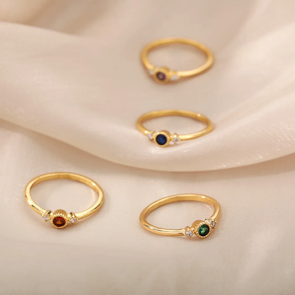 

Birthstone Rings For Women Stainless Steel Silver Color Round Birthstone 12 Color CZ Finger Ring Wedding Party Boho Jewelry