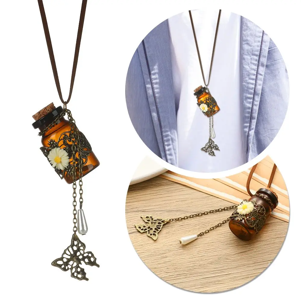 Ожерелье в стиле ретро с пробковой бутылочкой для желаний резной цветок Бабочка