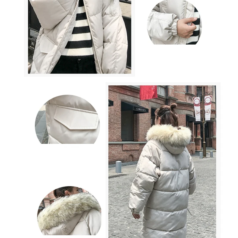 Solid Fur Hooded Long Down Coat Women Harajuku Winter Loose Windproof Thicken Down Jackets Female Korean Plus Size Parka Coats