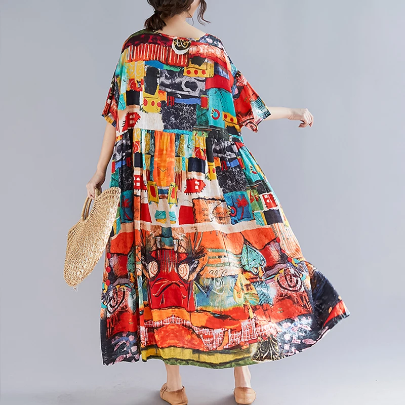 

Plus Size Dress 2021 Women Retro Print Summer Sundress Cotton Female Lady Vestidos Loose Casual Holiday Maxi Dress Big Size
