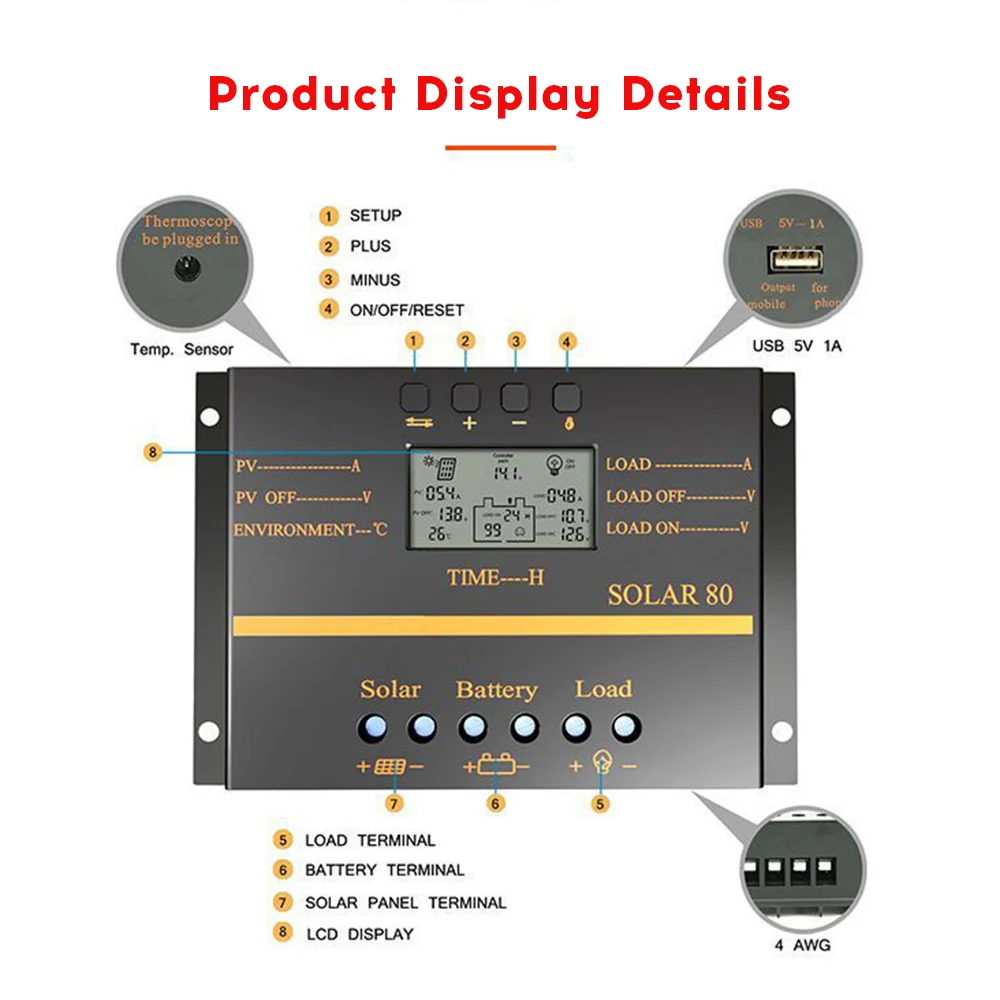 SOLAR60 интеллектуальный контроллер заряда солнечной батареи с ЖК экраном 12/24 В 60 А