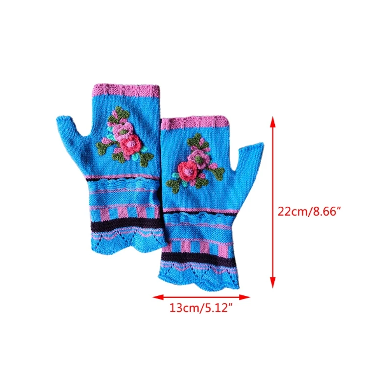 

Women Multicolor Jacquard Crochet Floral Fingerless Gloves Knitted Half Finger Texting Mittens Thumb Hole Arm Warmers