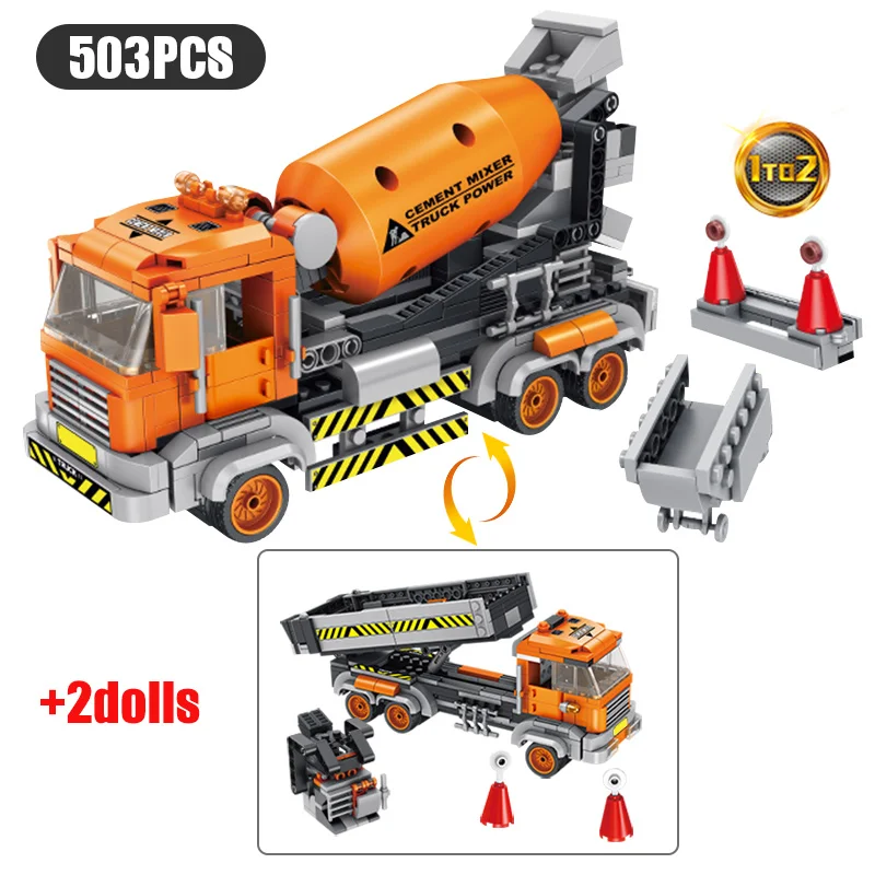 

City Construction Engineering Vehicle Working Excavator Bulldozer Crane Cement Mixer Dump Truck Loader Kids Toys Building Block