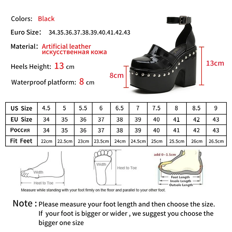 

HOKSVZY Large Size Black Buckle Women's Shoes Thick Heel Platform Platform Patent Leather Toe Cap Hollow Single Shoes CWF