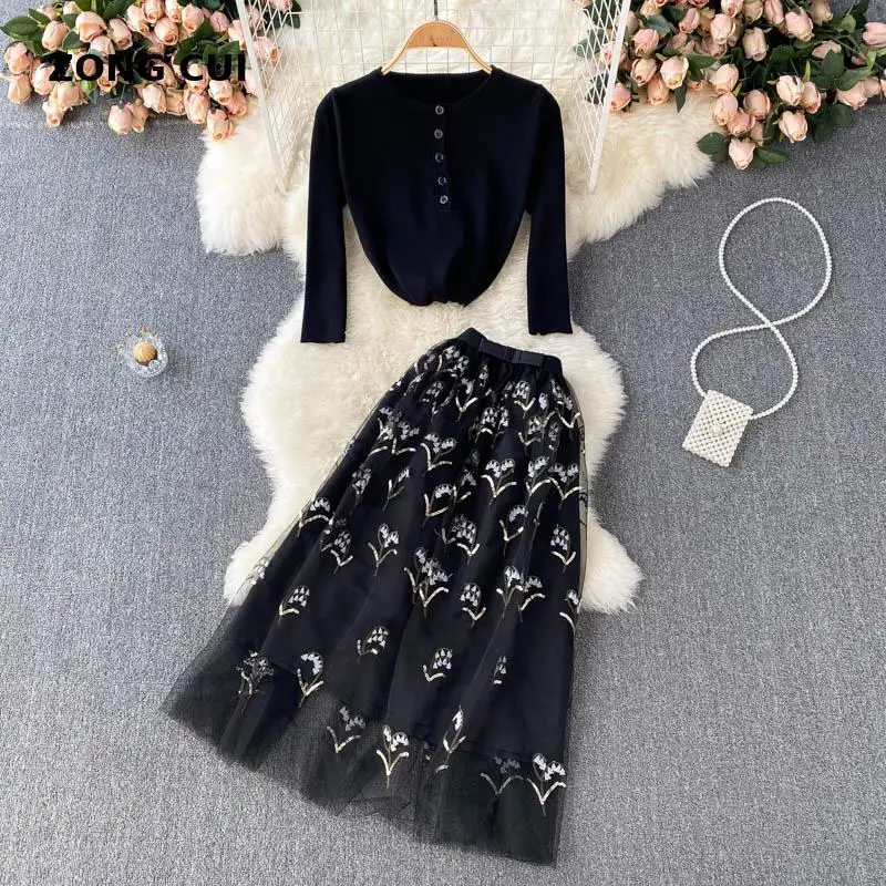 

Embroidered Skirt Two Piece Set Autumn Winter New Women Button Knit Top+mesh Tulle Print Long Skirt Fashion Slim 2 Piece Set