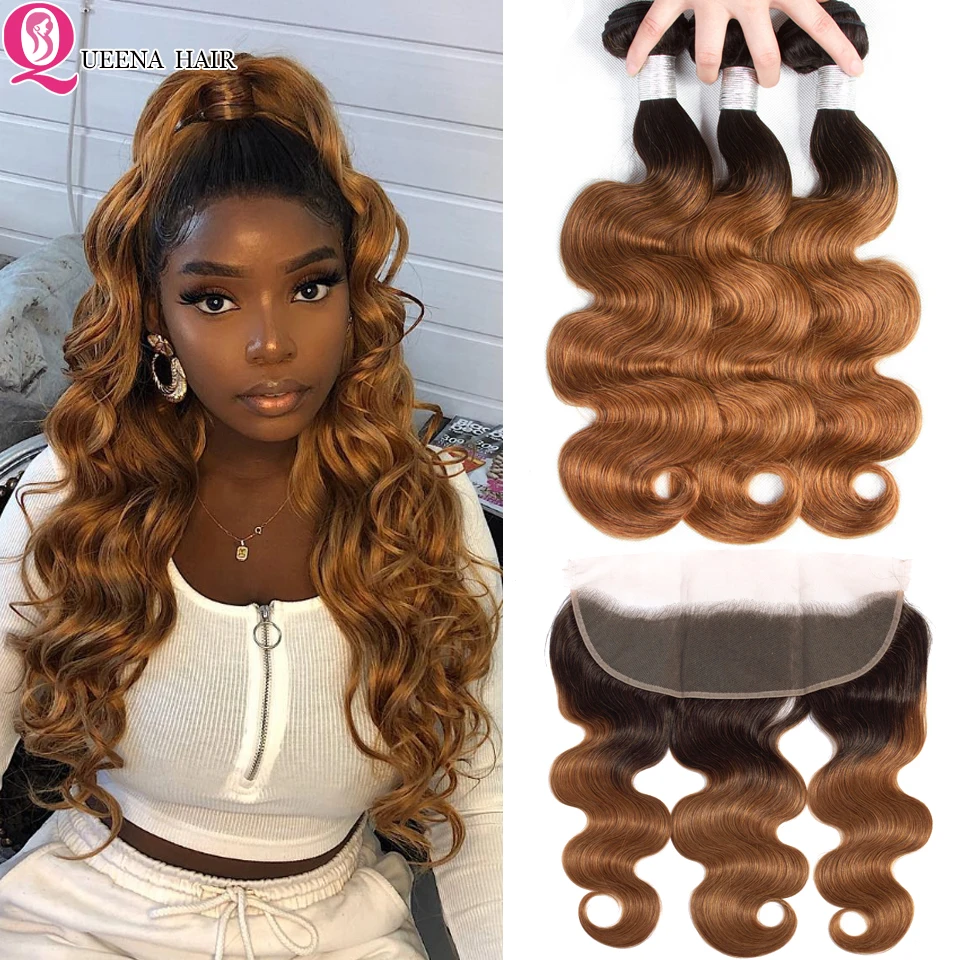 Colored Ombre Human Hair Bundles With Frontal Closure Brazilian Body WaveHair Weave Bundles With Frontal 4 bundles With Frontal