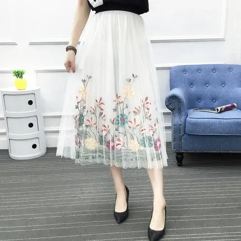 2019 весенние летние резинка на талии Цветочная вышивальная сетка миди юбка