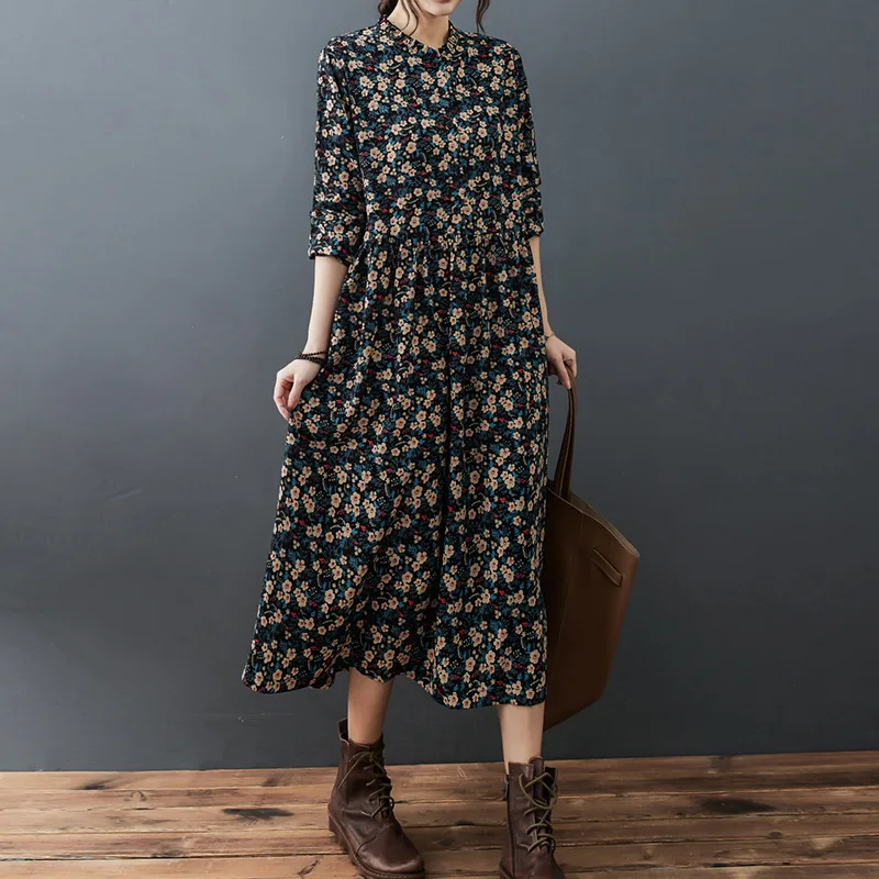 

2021 Autumn New Korean Casual Big Size Retro Lace Collar Small Floral Dress Temperament All-match Women Long Dress Free Shipping