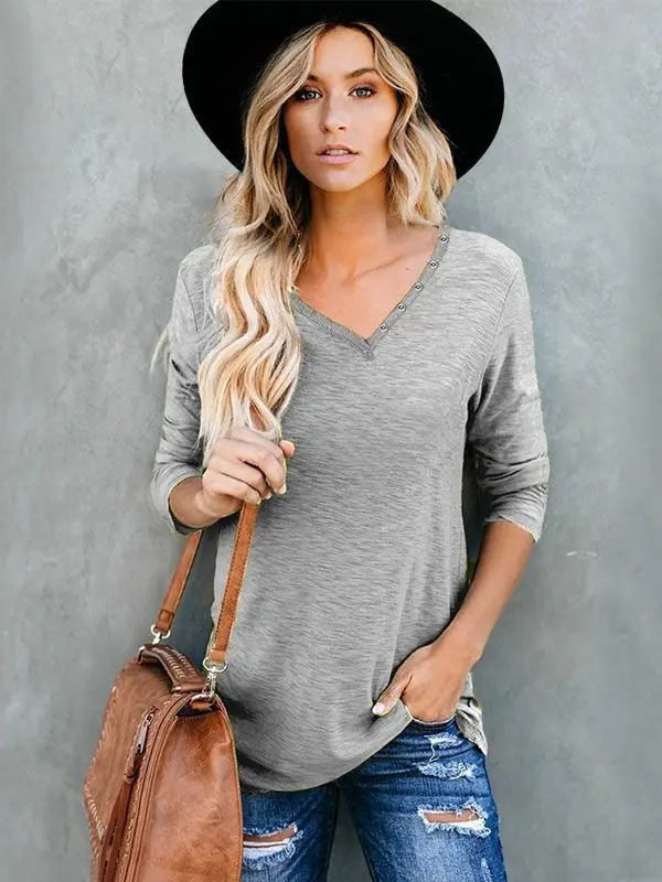 

Women T-shirt Top Long-sleeved Solid Color Slim-fit V-neck Metal Hole Spring and Summer Casual Pullover Bottoming Waist Top