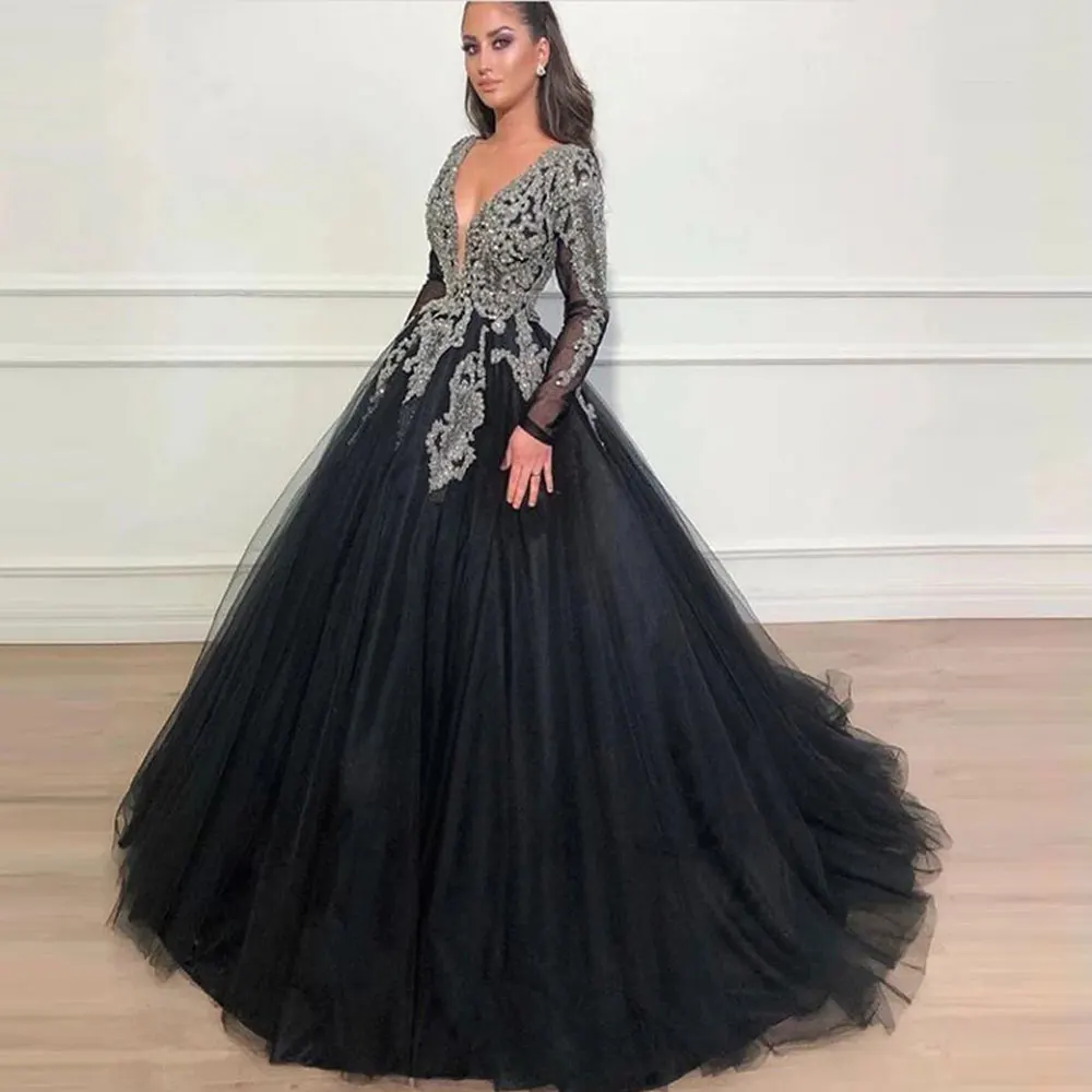 

Black Net/Tulle Evening Dresses A-line Ball Gown V-Neck Sweep/Brush Floor length Party Gowns long-sleeved Beading Party Dresses