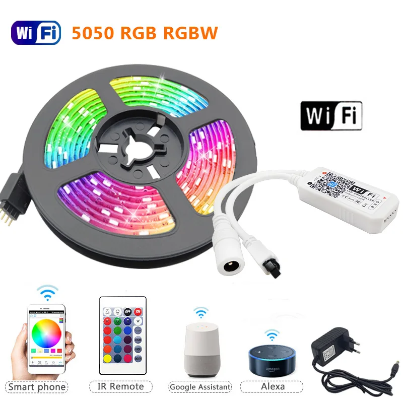 

5m 10m 15m RGBW RGBWW LED Strip Light RGB 5050 60LEDs Luces Led Light Strip DC12V Flexible Ribbon IR WiFi Contoller+Adapter EU