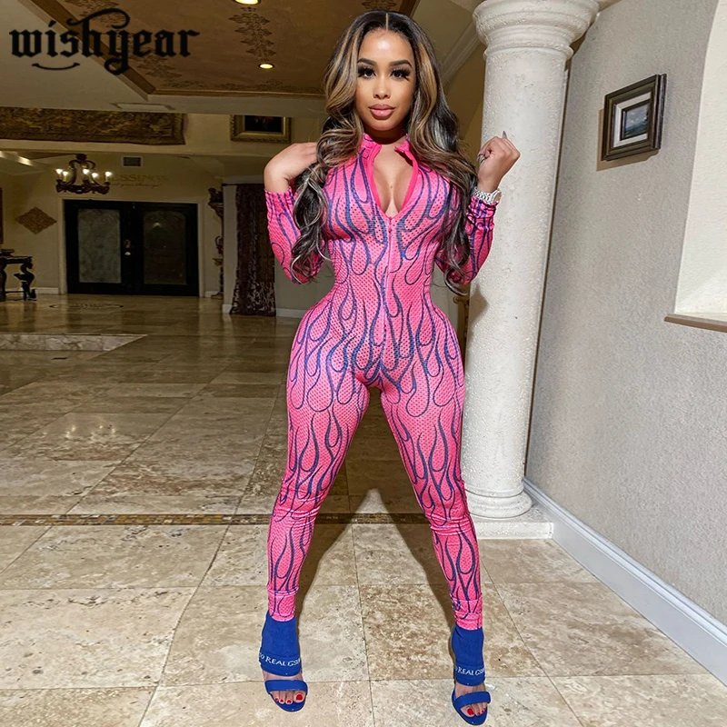 

Камуфляжный сетчатый повседневный комбинезон на молнии спереди с длинным рукавом, женский модный сексуальный Облегающий комбинезон, спорт...