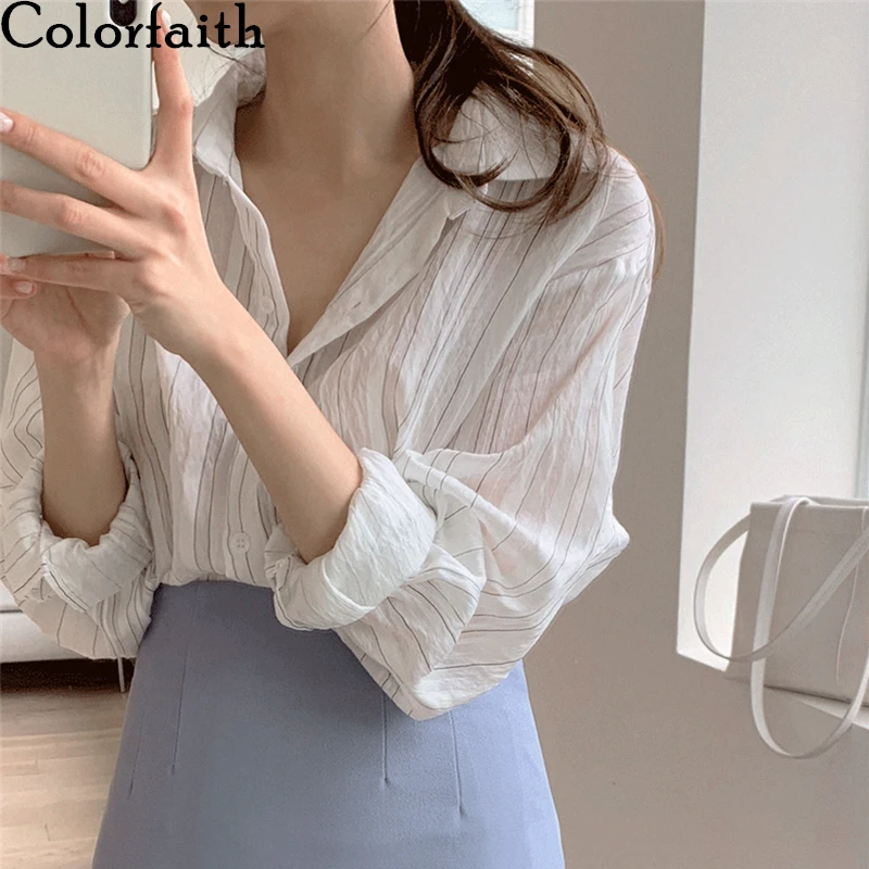 

Colorfaith New 2021 Summer Autunm Blouses Shirts Striped Vintage Oversize Korean Style Office Lady Fashionable Wild Tops BL2237