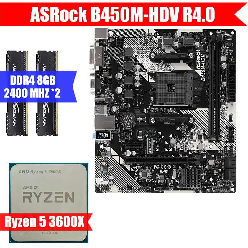 

ASRock B450M-HDV R4.0 & Ryzen 5 3600x & DDR4 8GB 2400MHZ*2 Combination Kit Support M.2 NVME AMD B450 Socket AM4 5800X/3700x